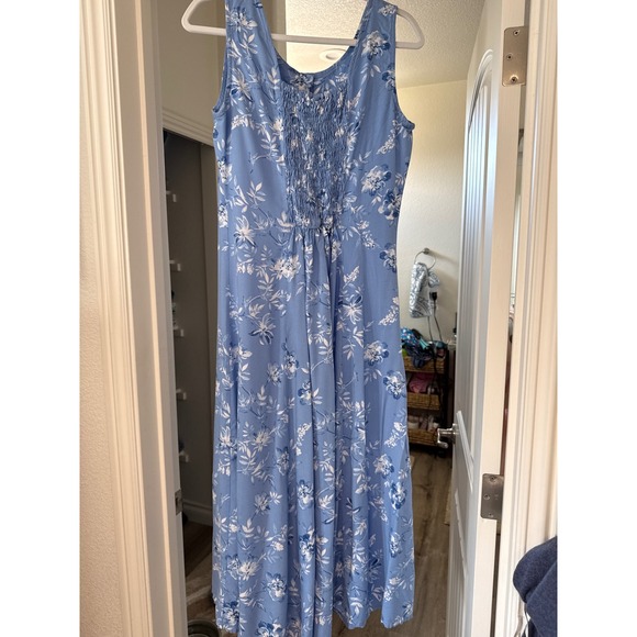 Blue Floral Rayon Maxi Dress Sleeveless Smocked Back Button Front Cottagecore - Picture 3 of 7